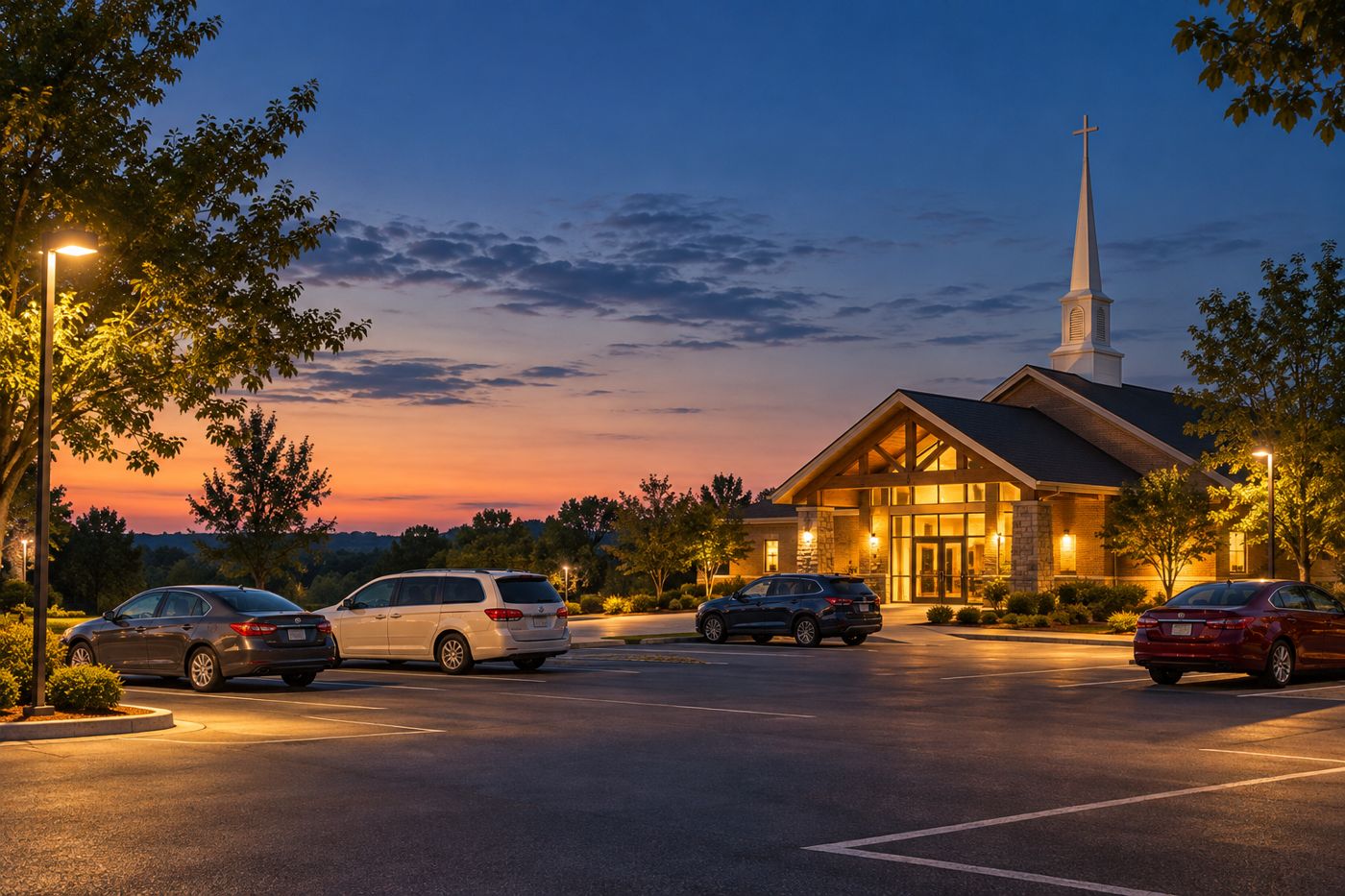 A church parking lot at dusk with a few cars parked under the lights